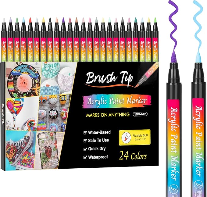 SMOOTHERPRO 24 Acrylic Paint Pens, Brush Tip (1-6mm) Acrylic Paint Markers, Fabric Markers for Textile, Canvas, Rock, Glass, Wood, Paper, Pumpkin, DIY