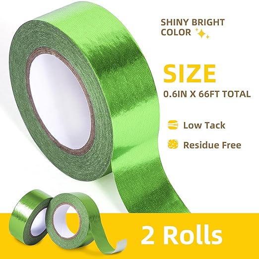 Solid Foil Washi Tape - Low Tack Self Adhesive Decorative Washi Tape Shiny Metallic Color - 3/5 Inch Wide and 66 FT Long Total, Light Green