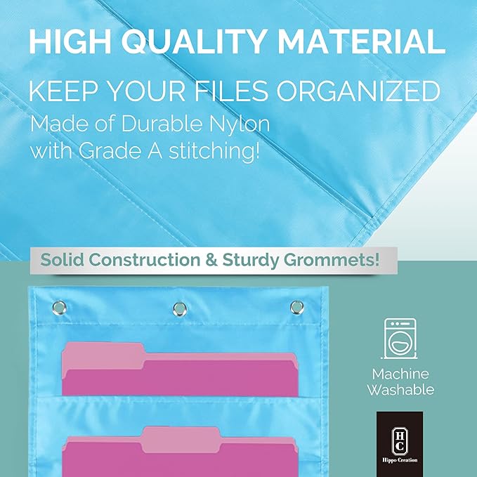 Hippo Creation Storage Pocket Chart for Classroom, 10 Pocket Storage Organizer with 3 Over-Door Hangers, Hanging Wall Organizer for File Folders, School Mailbox, Home Office Papers - Clear Blue