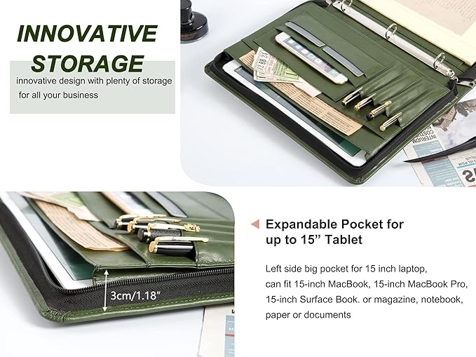 Free Engraved Name, 3 Ring Binder Padfolio, Vegan Leather Portfolio with a4 Clipboard, 3 Ring Padfolio A4 Organizer, Resume Planner, Green, Gift for Men/Women,Customized