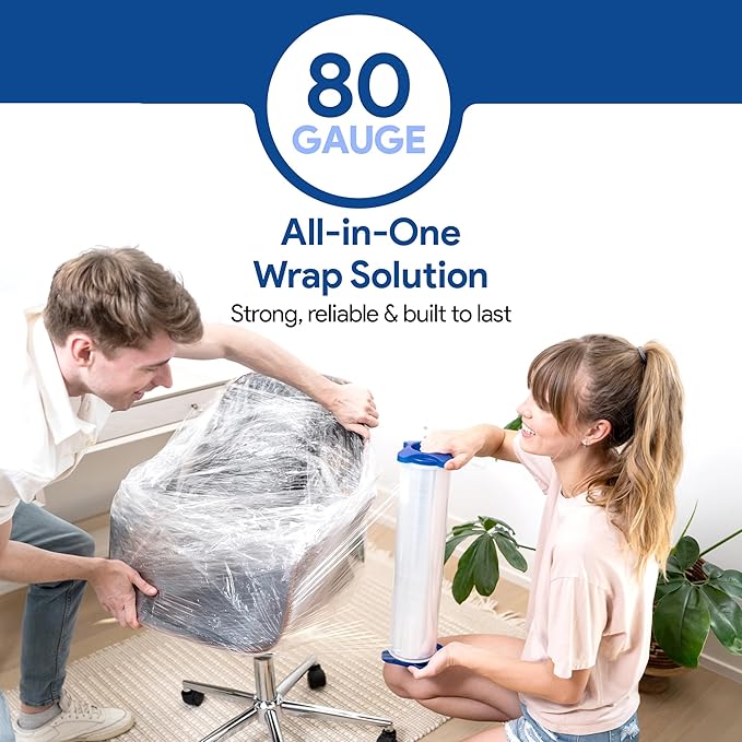 80 Gauge Plastic Stretch Film/Wrap with Tension Handles 1200ft 500% Stretch Clear Cling Durable Adhering Packing Moving Packaging Heavy Duty Shrink Film (Tension Handles, 2)