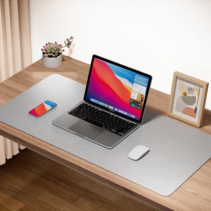 Boutilon Leather Desk Pad 30" x14",Non-Slip Mouse Pad,Office Desk Mat,Waterprooft PU Leather Desk Blotter,Desk Pad Protector,Desk Writing Pad for Home Office Decor (M-Silver)