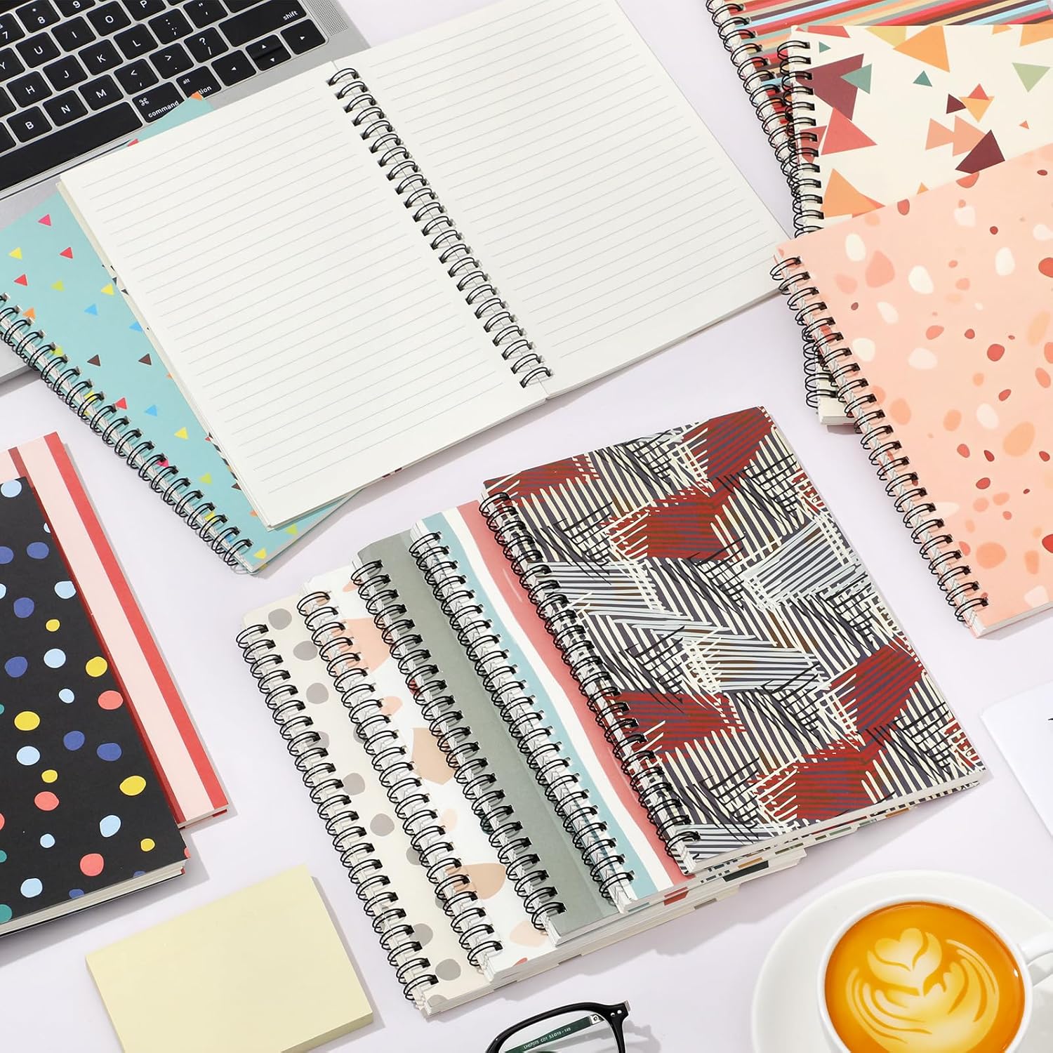 Fuutreo 12 Pcs Spiral Notebook for Work A5 8.3 x 5.7 Inch College Ruled Spiral Journal Notebook Kraft Cover Ruled Paper, 12 Color, 60 Sheets, 120 Pages for Office School(Retro Geometry)