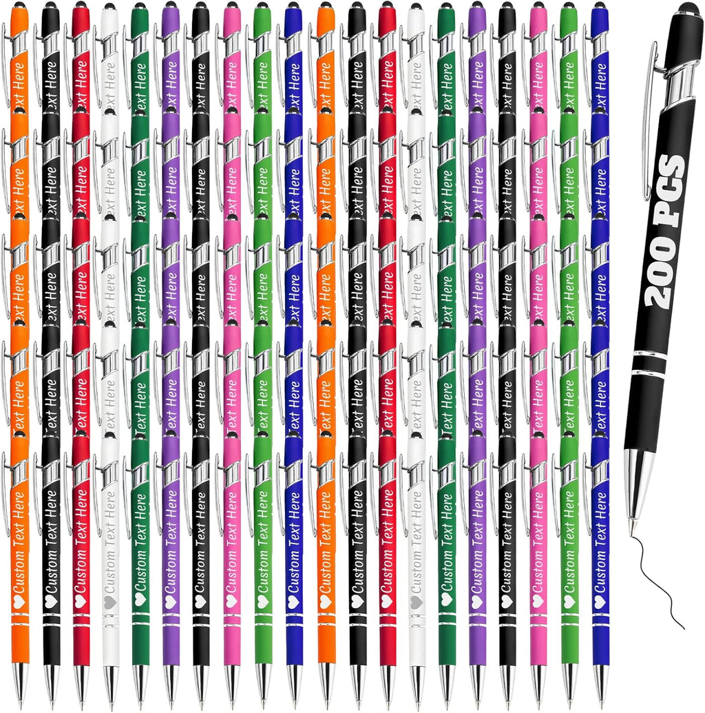 Personalized Pens Bulk 200 with Name Custom Engraving Ballpoint Pens with Stylus Tip Customized Smooth Writing Pens Personalized Gifts for Anniversary Birthday or Graduation(Assorted,Black Ink)
