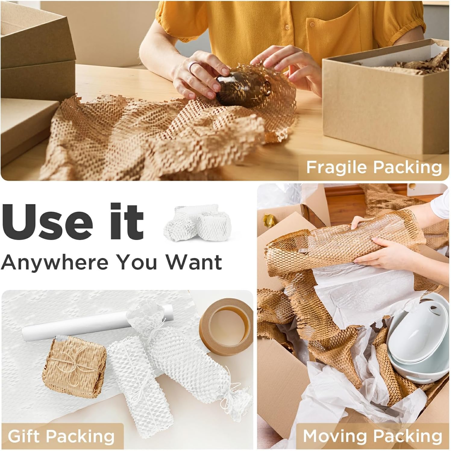 Honeycomb Packing Paper, 12"x400' White | Perforated Honeycomb Packing Paper Recyclable Moving Supplies for Shipping & Moving | Plastic-Free Alternative to Bubble Cushion Wrap with 36 Fragile Stickers