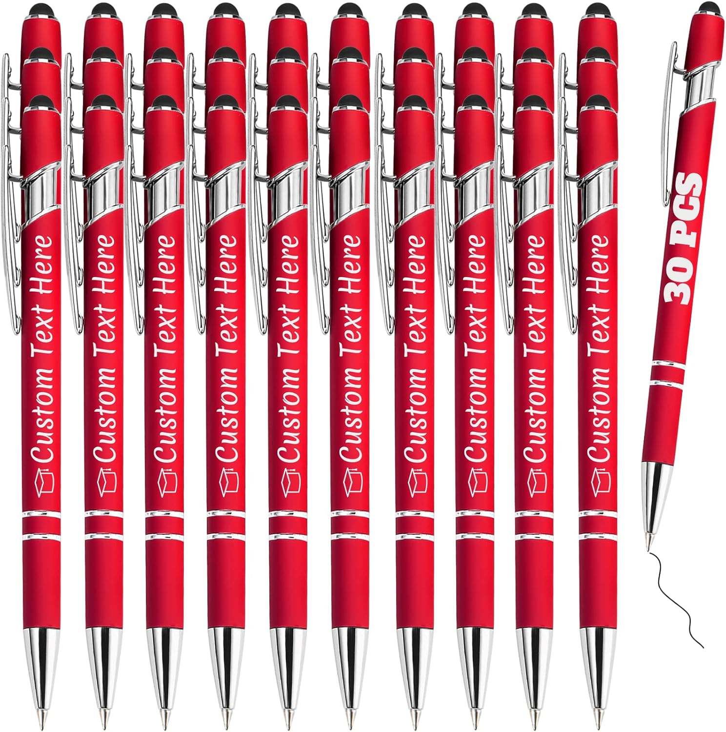 Personalized Pens Bulk 30 with Name Custom Engraving Ballpoint Pens with Stylus Tip Customized Smooth Writing Pens Personalized Gifts for Anniversary Birthday or Graduation(Red,Black Ink)