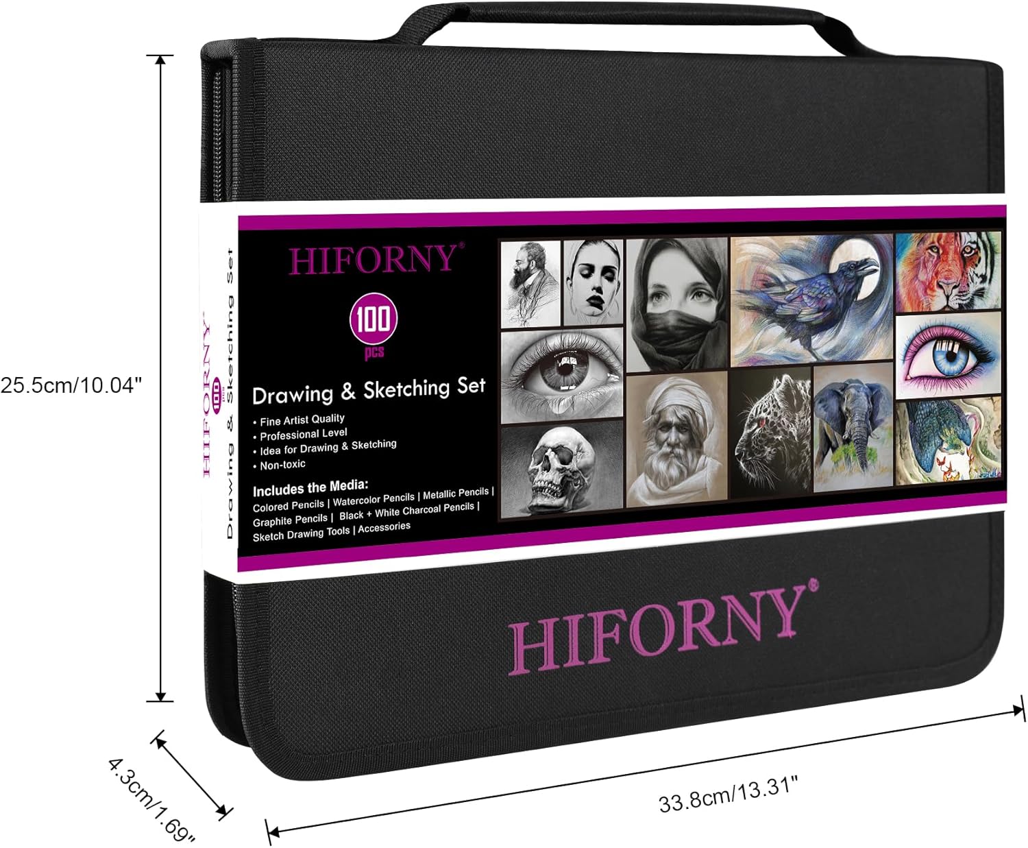 HIFORNY 100 PCS Drawing & Sketching Set, Professional Art Supplies with Graphite,Charcoal, Colored,Watercolor,Metallic Pencils,Blending Tools,Sketchbook and Coloring Book in Zipper Case (Black)
