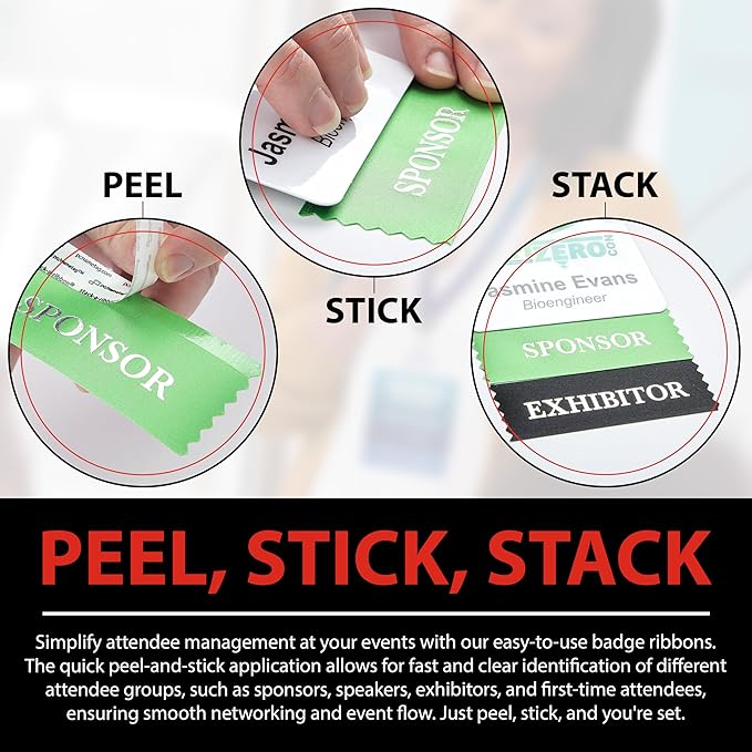 Conference Badge Ribbons with Adhesive, 4 x 1-5/8”, 100pk (50 Attendee, 20 First Time, 10 Sponsor, 10 Exhibitor, 10 Speaker), Satin