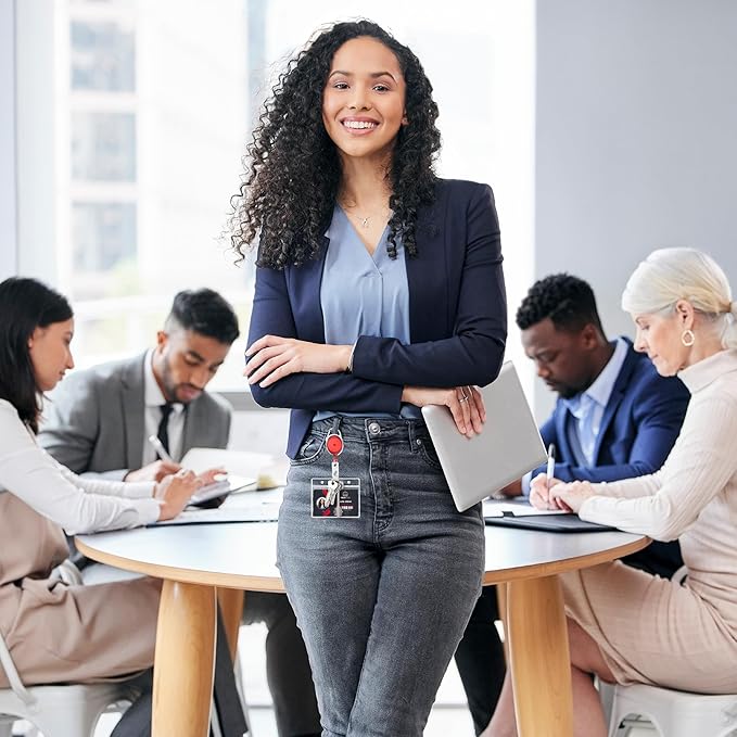 Will Well ID Badge Holders with Clip and Keyring - Horizontal Clear Plastic 3.7" x 2.5" Sleeves Fit Up to 3 Cards - Retractable 24" UHMWPE Fiber Pull Cords - 2-Pack, Transparent Red Reels
