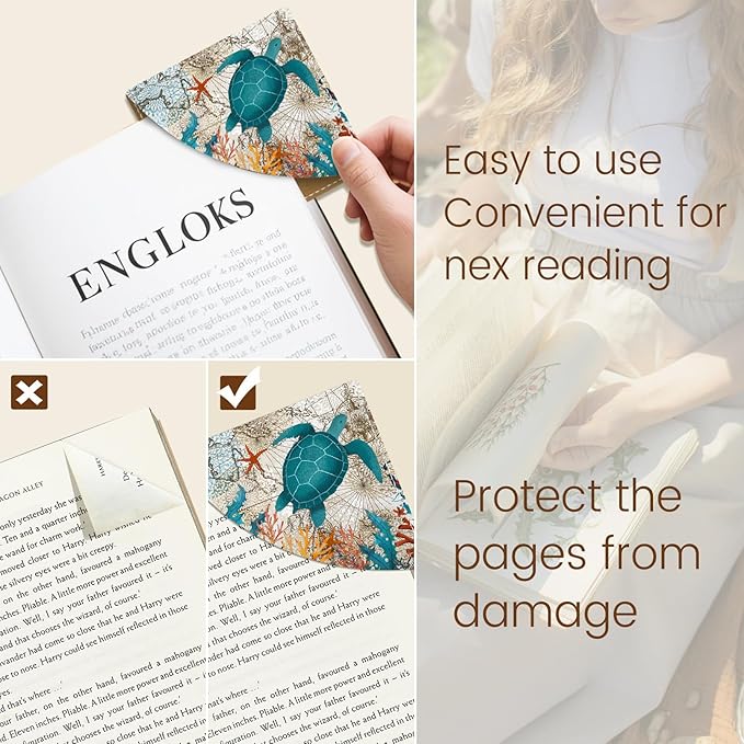 Cute Sea Turtle Corner Bookmarks, Funny Leather Book Accessories for Book Lovers, 3 Pcs Reading Book Page Markers for Women Men Student Teacher Girls Boys Kids Retirement Birthday Gifts