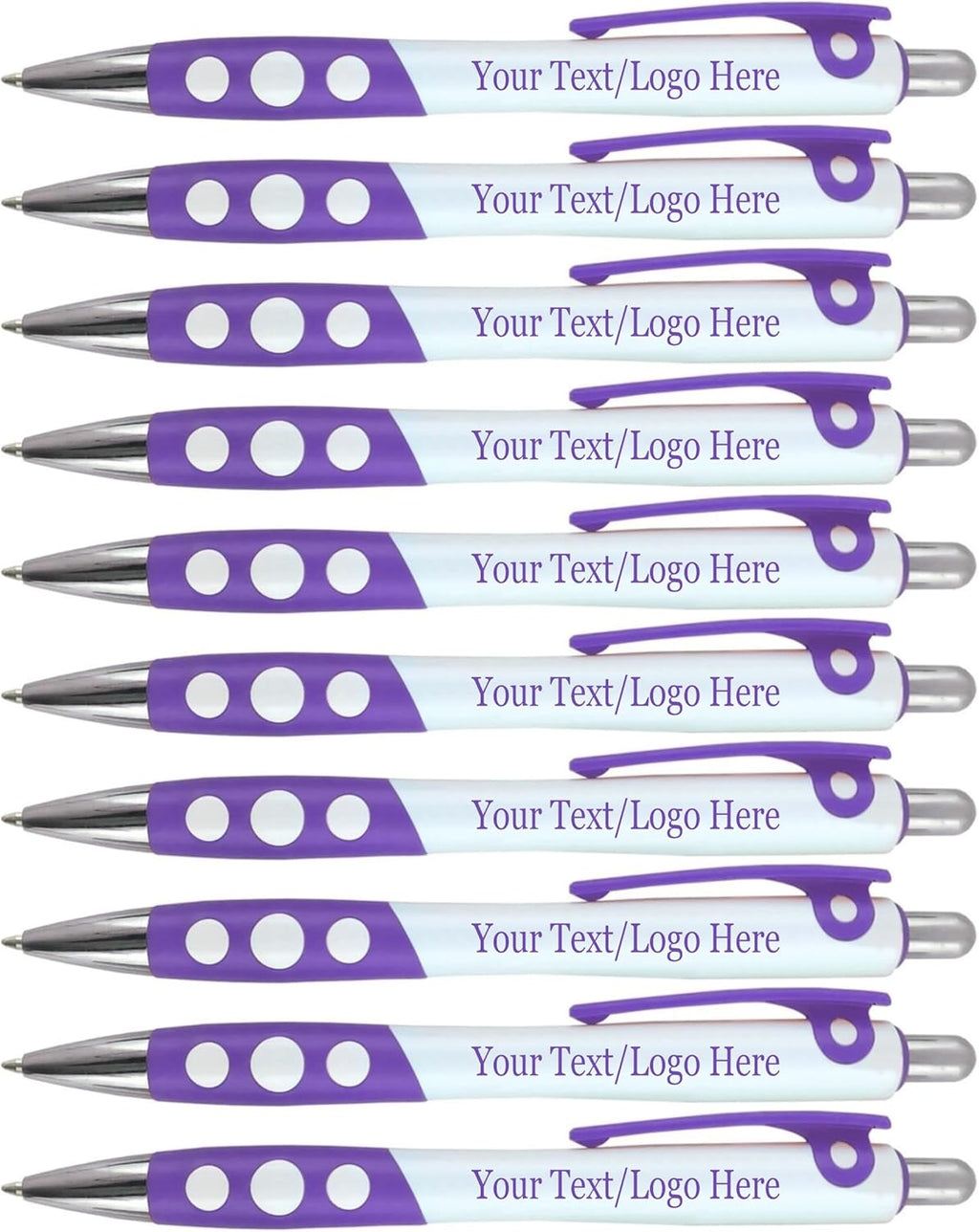 Personalized Ballpoint Pens With Custom Logo/ Text-350 Pack Bulk-for Businesses, Parties, & Events, Custom Printed, White Barrel with Matching Colored Clip and Grip, Click Pens, Black Ink, Purple