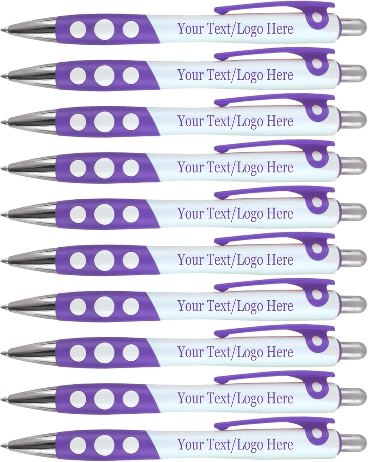 Personalized Ballpoint Pens With Custom Logo/ Text-350 Pack Bulk-for Businesses, Parties, & Events, Custom Printed, White Barrel with Matching Colored Clip and Grip, Click Pens, Black Ink, Purple