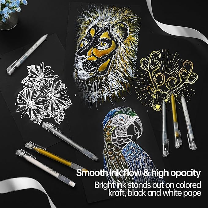 0.8mm Extra Fine Point 6 Pack Gel Pen Set White,Gold and Silver Gel Ink Pens for Artists,White Gel Pen,White Ink Pen,White Pens for Black Paper,White Pen for Artists Drawing
