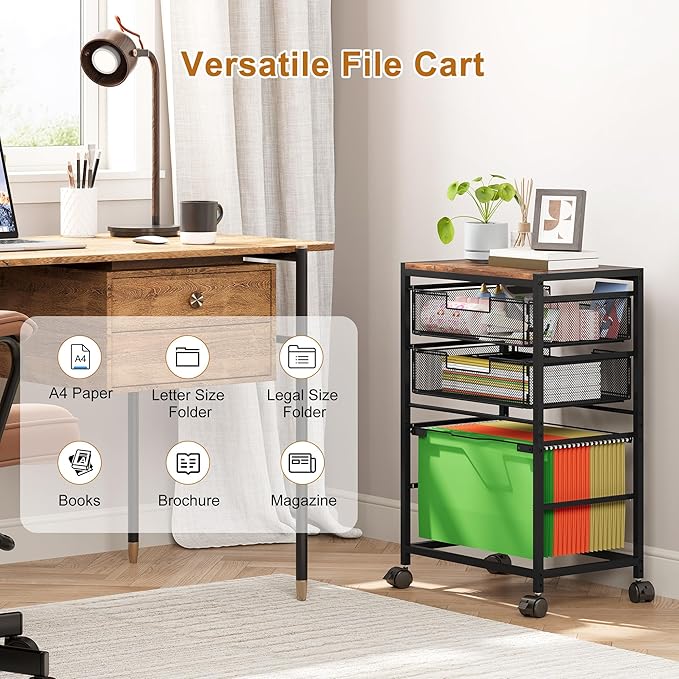 EasyPAG Rolling File Storage Drawer Cart with Wheels Letter & Legal Size Hanging File Folder Rack Mobile File Folder Rack with Pull-Out Drawer for Home Office 1 Folder Rack and 2 Small Drawers, Black