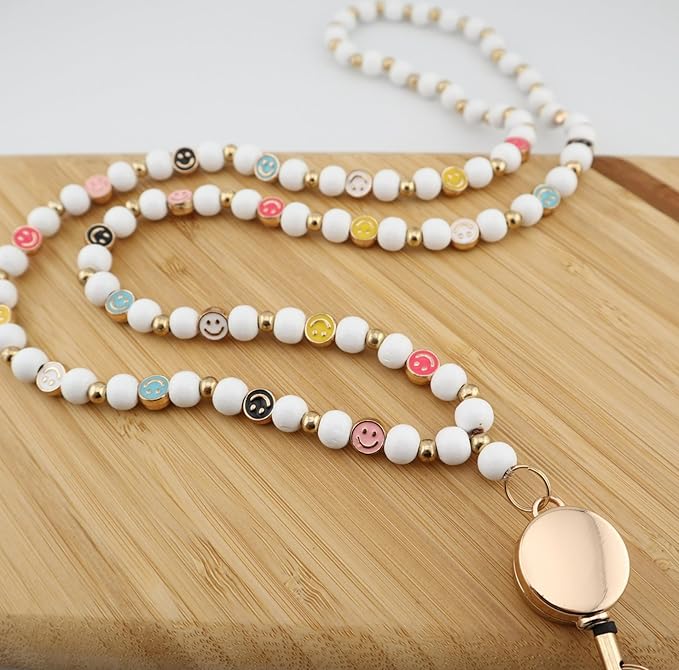 Smile Teacher Lanyard for Women with Retractable ID Badge Reel and Keychain Cute Happy Beads Lanyard