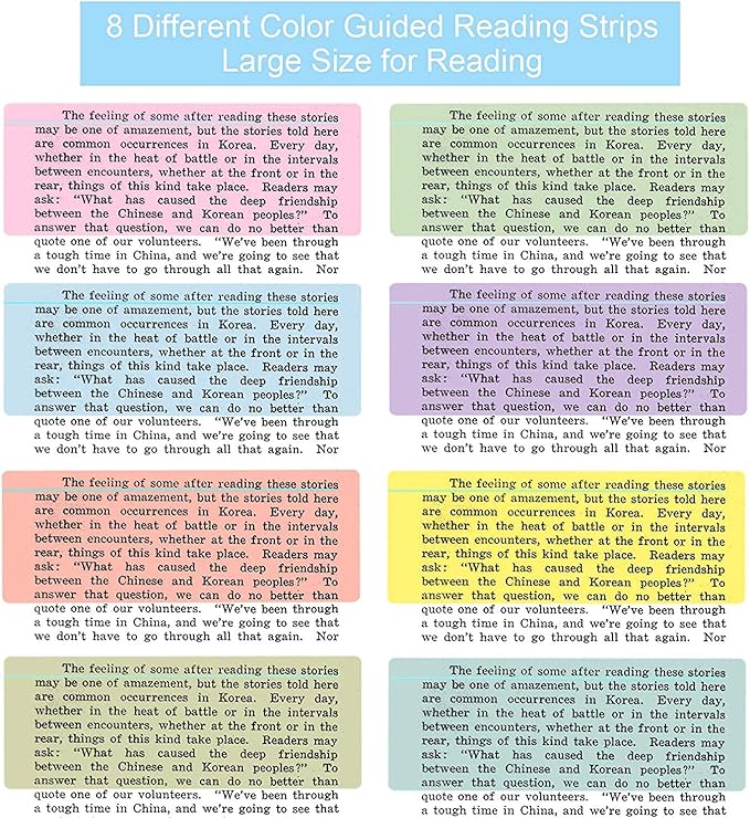 16Pcs Guided Reading Highlight Strips, Reading Ruler Reading Tracking Highlight Strips Colored Overlays Bookmark Assorted Colors Helps with Dyslexia（2 Sizes，8 Colors）