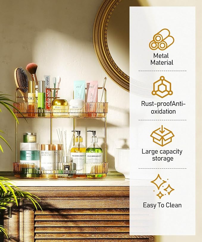 2-Tier Corner Bathroom Counter Organizer Makeup Cosmetic Storage, Tool-Free Installation Acrylic Vanity Shelf, Skin Care Organizer Perfume Tray for Countertop Bathroom, Dresser, Kitchen (Gold)