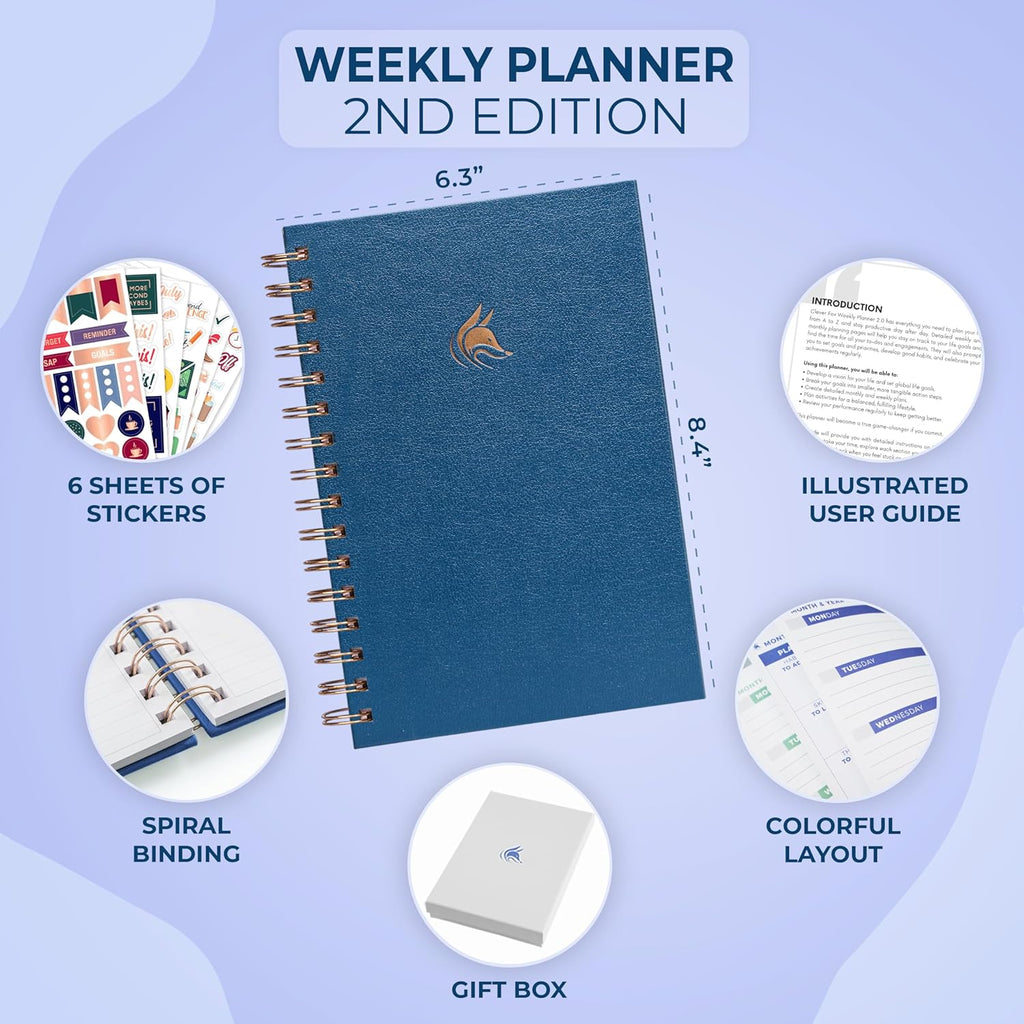 Clever Fox Planner 2nd Edition Spiral – Colorful Weekly & Monthly Goal Planner, Time Management & Productivity Organizer, Undated (Mystic Blue)