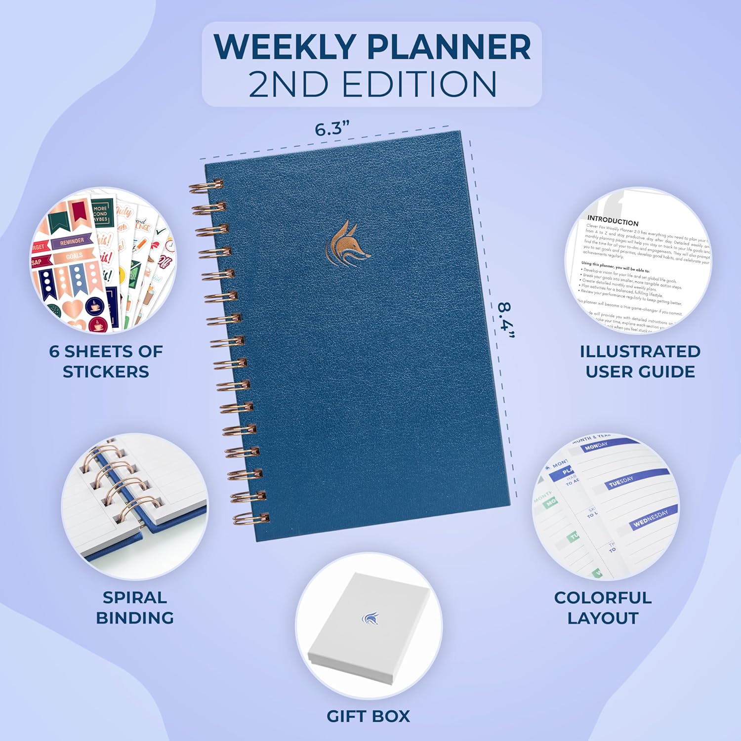 Clever Fox Planner 2nd Edition Spiral – Colorful Weekly & Monthly Goal Planner, Time Management & Productivity Organizer, Undated (Mystic Blue)
