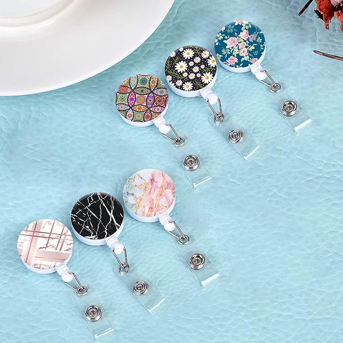 Retractable ID Badge Holder Nurse Badge Reels with Clip Name Card Holders for Office Worker Doctor Nurse (Marble and Flower 10 Pieces)
