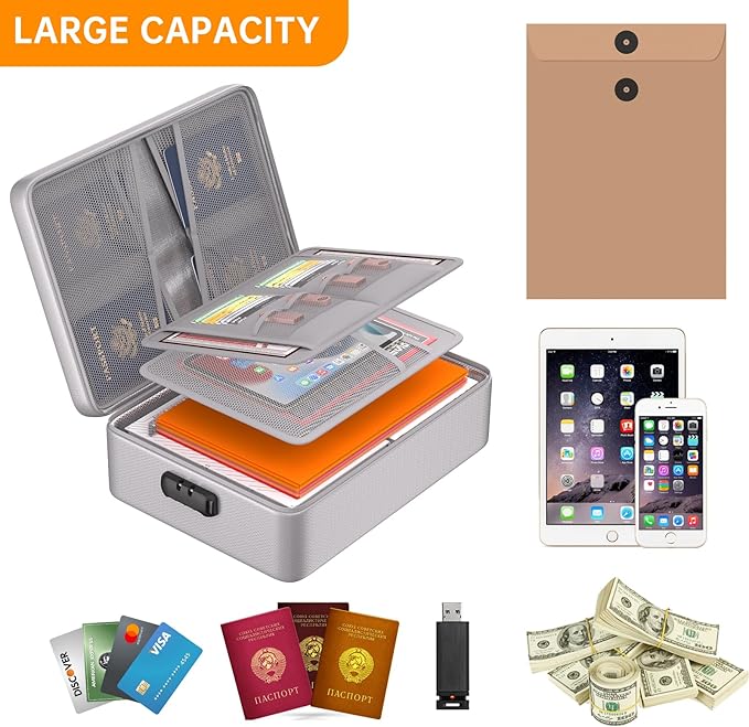 DocSafe 5200°F Document Organizer with Lock,Upgraded Heat Insulated Fireproof＆Waterproof Box 8 Layers File Organizer,Portable Home Travel Safe Storage for Important Documents, Files,Silver (Soft)