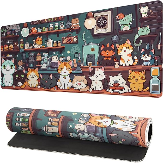 Gaming Mouse Pad Desk Pad,Extended Big Mouse Pad,31.5x11.8 Inch Long Computer Keyboard Mouse Mat Mousepad with 3mm Non-Slip Base and Stitched Edge for Gaming and Office… (cat)