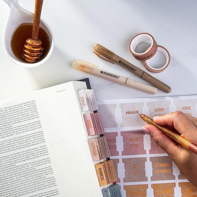 DiverseBee Laminated Bible Tabs (Gold Embossed Lettering), Bible Study Journaling Supplies, Bible Book Tabs, 73 Bible Tabs for Women and Men, Includes 4 Blank Tabs (Honeydew)