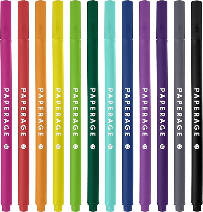 PAPERAGE Felt Tip Fine Point Pens (0.4mm), 12 Pack, Colored Pens For Journaling, Notebooks, Planners, Calendars & Drawing, Great for School, Office, & Home (Rainbow)