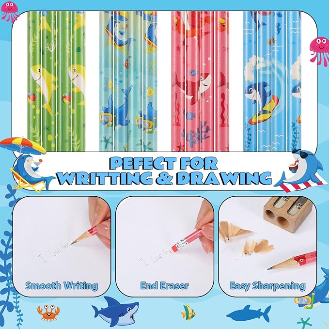 Geyee 36 Pcs Space Pencils Hawaiian Shark Themed Party Favors Assorted Novelty Fun Wood Writing Pencils with Erasers for Birthday Party Teacher Supplies(Shark)