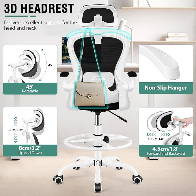 Drafting Chair, Tall Office Chair with 3D Lumbar & Head Support, Ergonomic Mesh Standing Desk Chair with Footring, Comfy Extended High Desk Chair with Flip-Up Arms & Hanger(White)