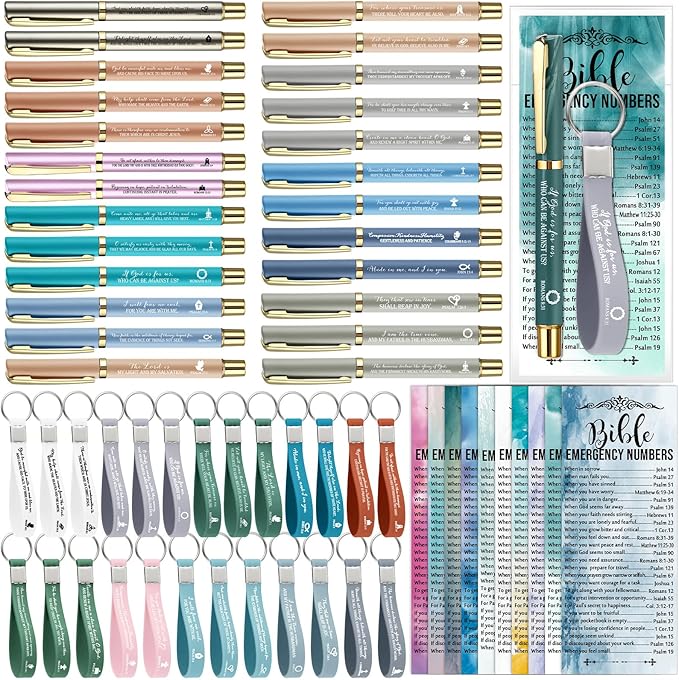 25 Sets Christmas Christian Church Gifts Bulk Bible Verse Plastic Gel Pen Religious Silicone Keychains Scripture Bookmark 2''x 6'' Emergency Numbers Bible Bookmarks Gift Pastor(Colorful)