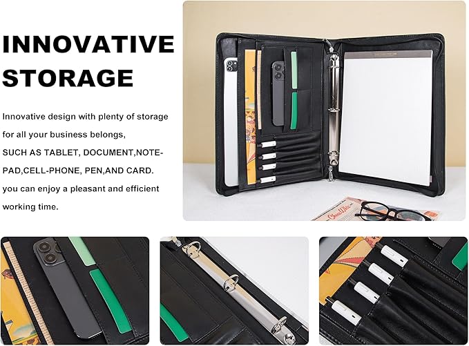 Free Engraved Name, Custom Ring Binder Portfolio, Professional Padfolio Vegans Leather, Document Organizer Folder, Zippered Organizer for 8.5 * 11 inch A4 Letter Legal Pad, Gift for Women/Men, Black