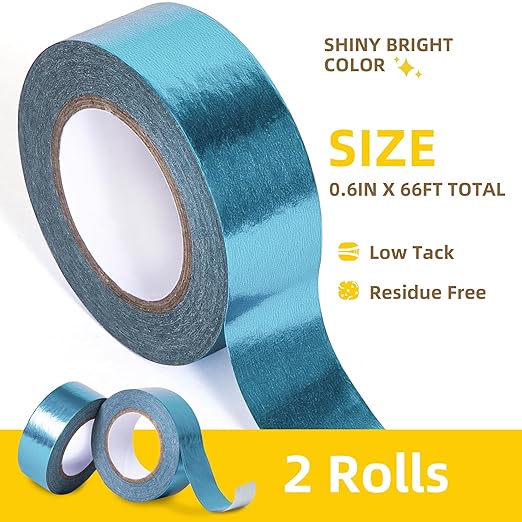 Solid Foil Washi Tape - Low Tack Self Adhesive Decorative Washi Tape Shiny Metallic Color - 3/5 Inch Wide and 66 FT Long Total, Light Blue