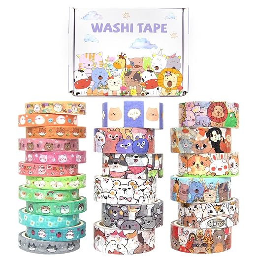WAPETASHI Cute Washi Tape Set - 24 Rolls Kawaii Animals Gold Foil Decorative Masking Tape for Journaling, Scrapbooking, Kids DIY Crafts, Aesthetic Supplies, Planners, Bullet Journal