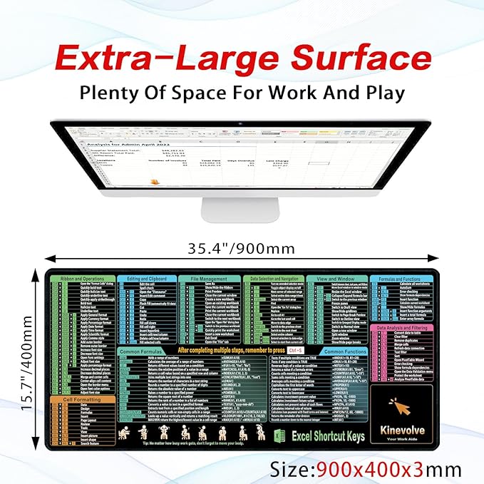 Excel Shortcut Kyes Mouse Pad,Large XXL Excel Cheat Sheet Desk Pad,Pc Office&Gaming Keyboard Mat, Non-Slip Spreadsheet Shortcuts Mousepad 35.4" x 15.7"