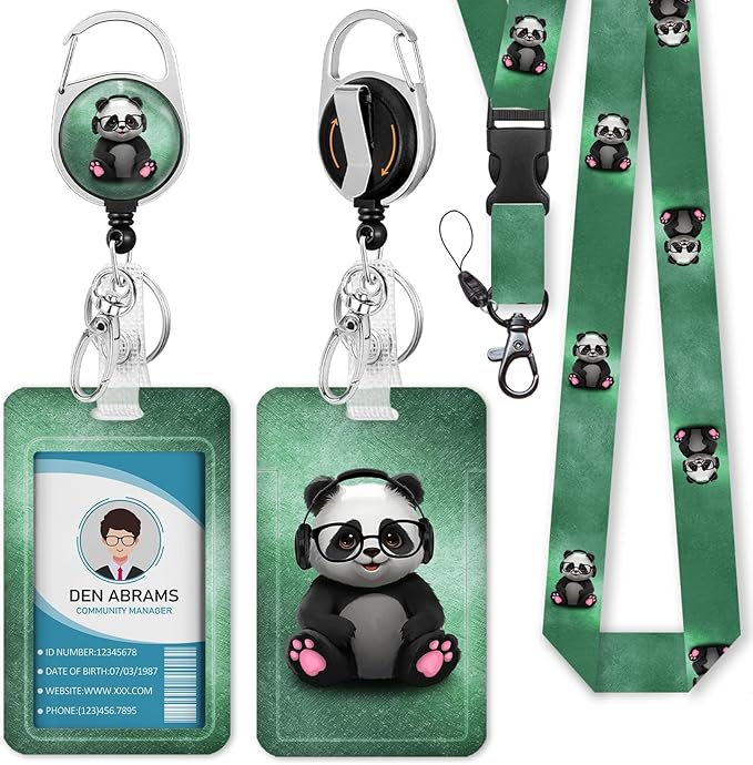 ID Badge Holder with Lanyard, Cute Badge Holder with Retractable Heavy Duty Badge Reel Clip, Panda Name Tag Lanyard Vertical ID Card Protector Cover for Women Teacher Nurses Doctor Student