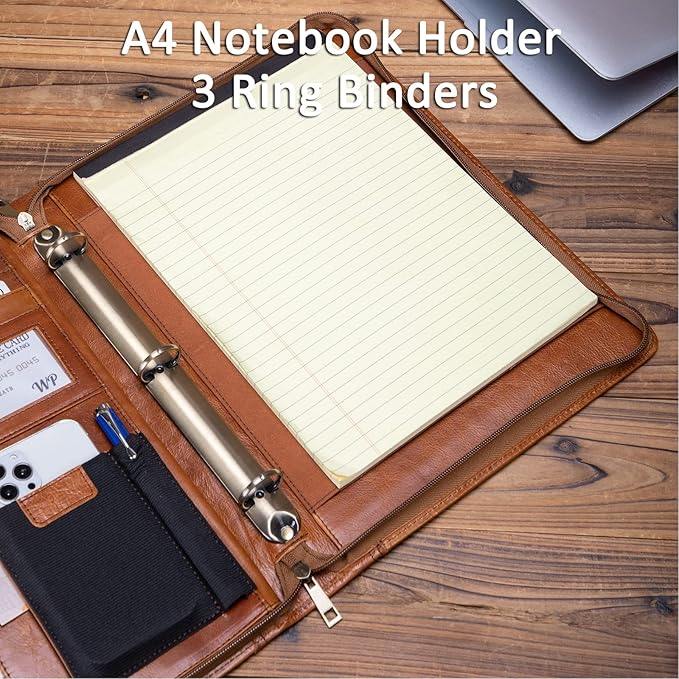 Personalized Genuine Leather Portfolio with 3 Ring Binder, Full Grain Leather Padfolio Zippered, A4 Notebook Holder Customized Professional Folder Organizer Gift for Men and Women, Oil Tanned
