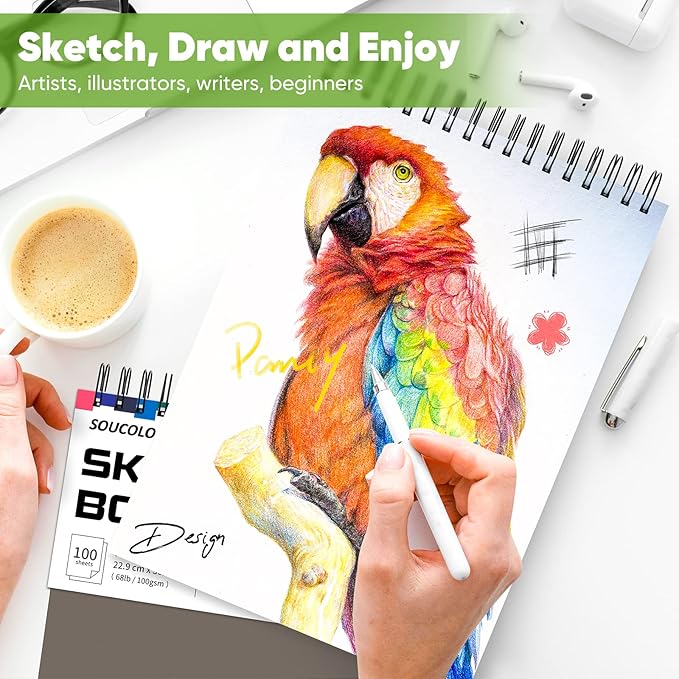 Soucolor 9" x 12" Sketch Book, 1-Pack 100 Sheets Spiral Bound Art Sketchbook, Acid Free (68lb/100gsm) Artist Drawing Book Paper Painting Sketching Pad