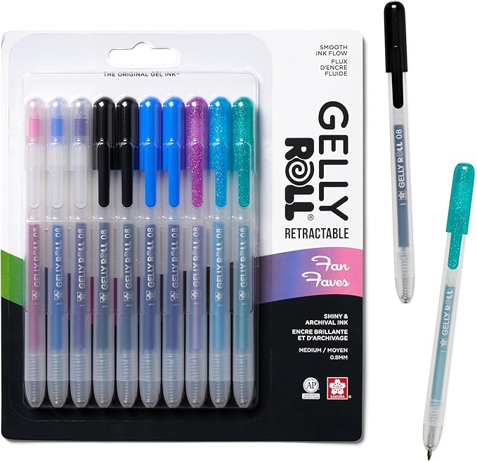 SAKURA Gelly Roll Retractable Gel Pens Colored - Sparkle Set - Medium Point Ink Pen for Journaling, Art, or Drawing - Colored Gel Pens with Glitter, Metallic, Blue & Black Pens - 10 Pack