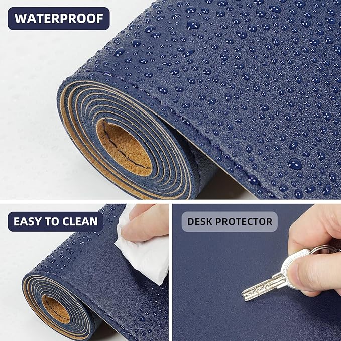 AFIING Dual-Sided Desk Pad, Natural Cork & PU Leather Large Mouse mats for Office and Home Work, Desk Protector Non-Slip, Waterproof, Easy Clean (Blue, 23.6" x 13.7")