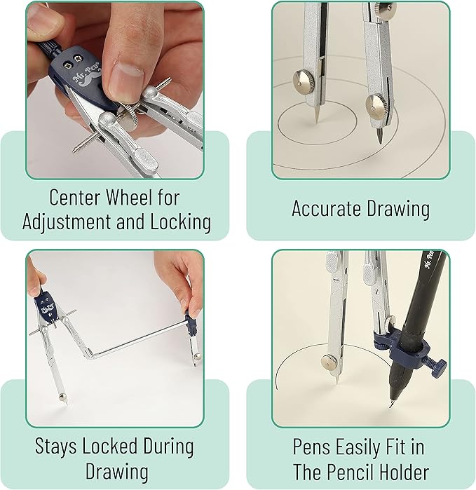Mr. Pen- Professional Metal Compass with Wheel and Lock for Geometry, Compass Geometry Tool, Drawing Compass, Drafting Compass, Math Compass, Geometry Compass, Compass Drawing Tool, Compass Math