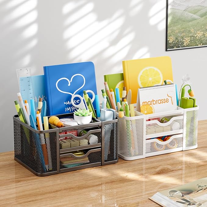 Marbrasse Mesh Desk Organizer, Pen Organizer with 2 Drawer, Multi-Functional Pencil Holder for Desk, Desk Organizers and Accessories with 5 Compartments + Drawer for Office Art Supplies (White)
