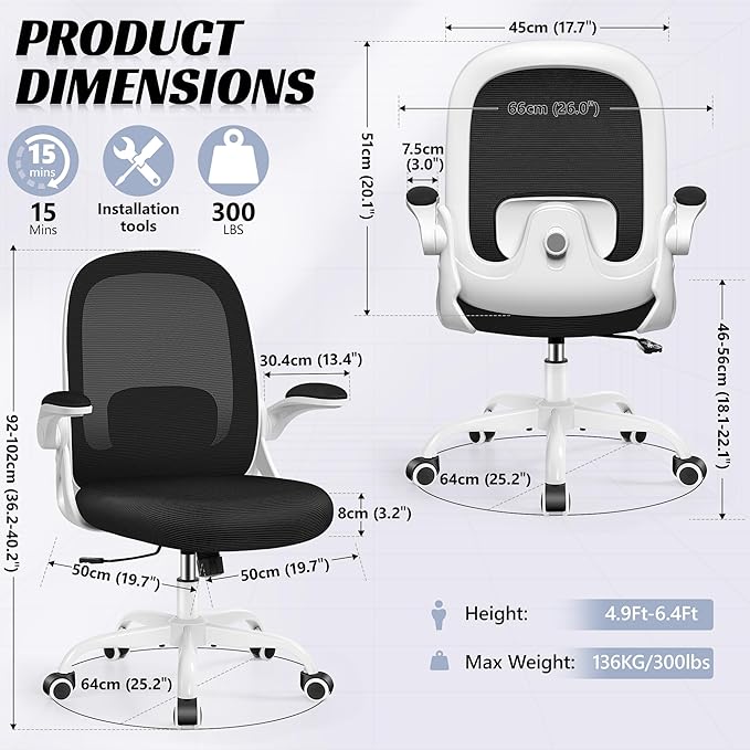 Office Chair Ergonomic Desk Chair with Adjustable 3D Lumbar Support and Height, Comfy Mesh Computer Chair with Flip-up Armrests, Swivel Rolling Task Chair with Wheels for Home Office (White)