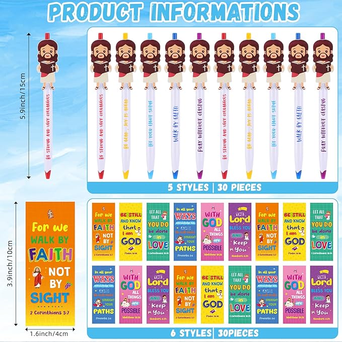 Christian Pens Sets Jesus Gifts Bulk Include Little Jesus Figures Ballpoint Pen and Bible Verse Bookmarks Bible Verse Inspirational Pens for Baptism Gift Sunday