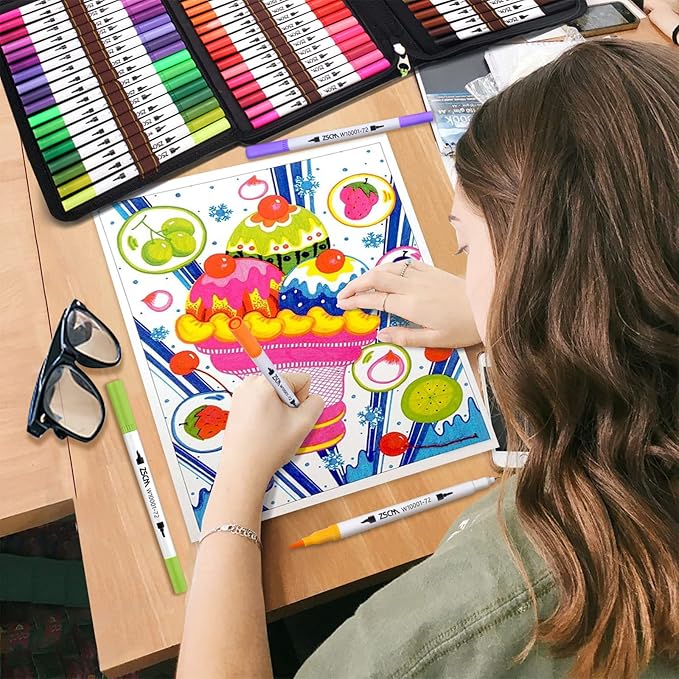 Duo Tip Brush Markers Art Pen, ZSCM 72 Colors Artist Fine Brush Tip Coloring Pens Markers for Easter Eggs Painting, Adult Coloring Books, Drawing Journaling Note Taking School Supplies