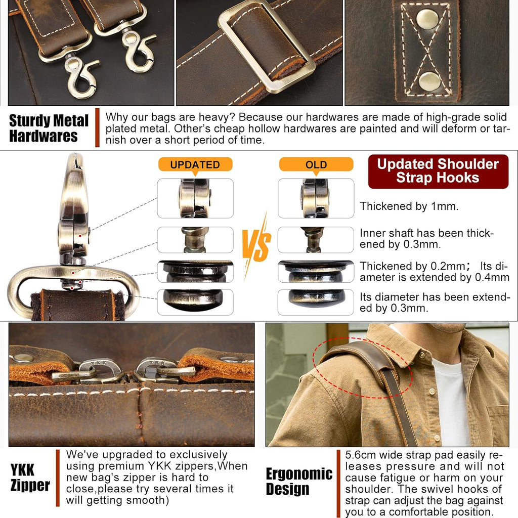 Masa Kawa Leather Briefcase for Men 15.6" - 17" Laptop Computer Case Business Travel Work Messenger Cross Body Shoulder Bag