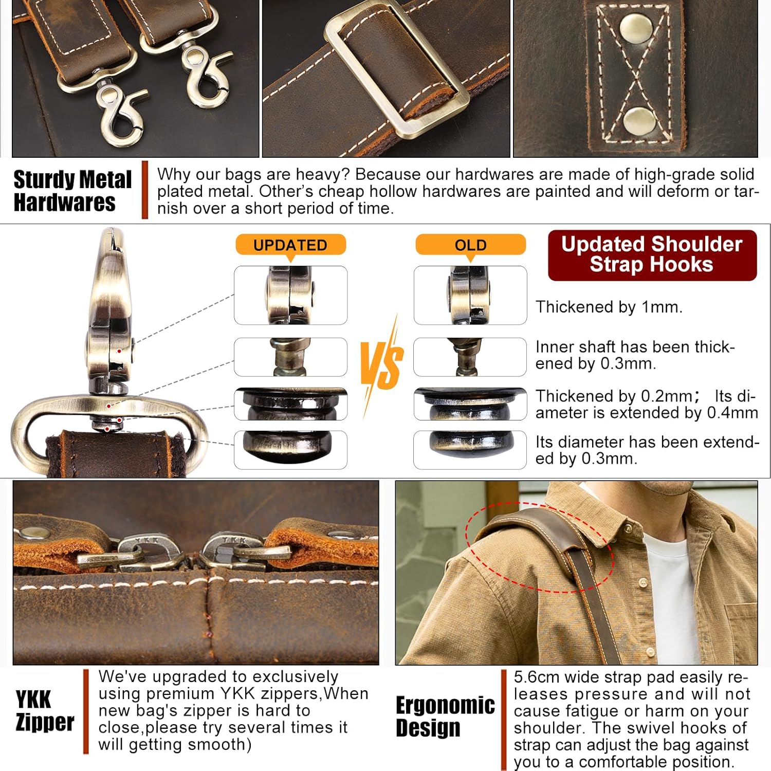 Masa Kawa Leather Briefcase for Men 15.6" - 17" Laptop Computer Case Business Travel Work Messenger Cross Body Shoulder Bag