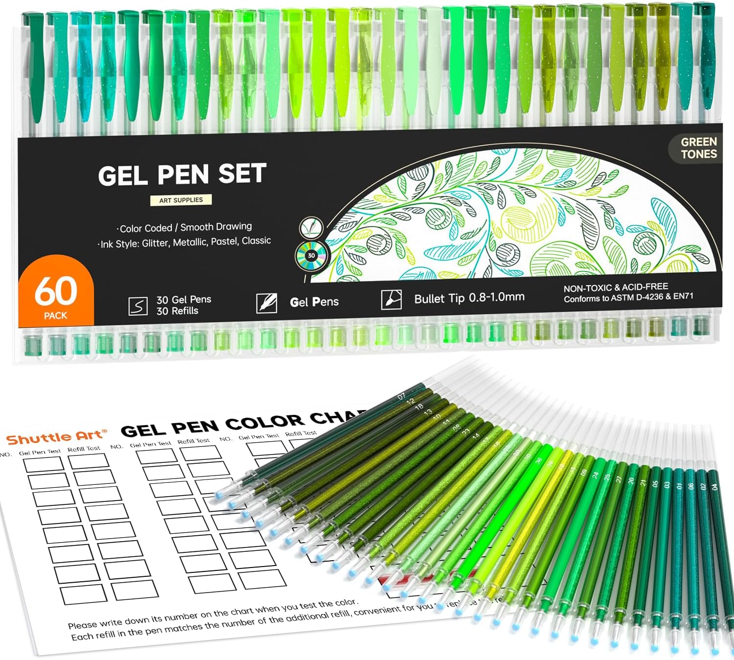 Shuttle Art 60 Pack Green Tone Gel Pens, 30 Green Tone Gel Pens with 30 Refills for Adults Coloring Books Journaling Drawing Nature, Landscapes, Animals Scenes