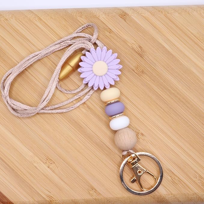 Flower Teacher Lanyards ID Badge and Key Chain, Cute Silicone Beads Lanyard for Women Nurse Work Student (Lavender)