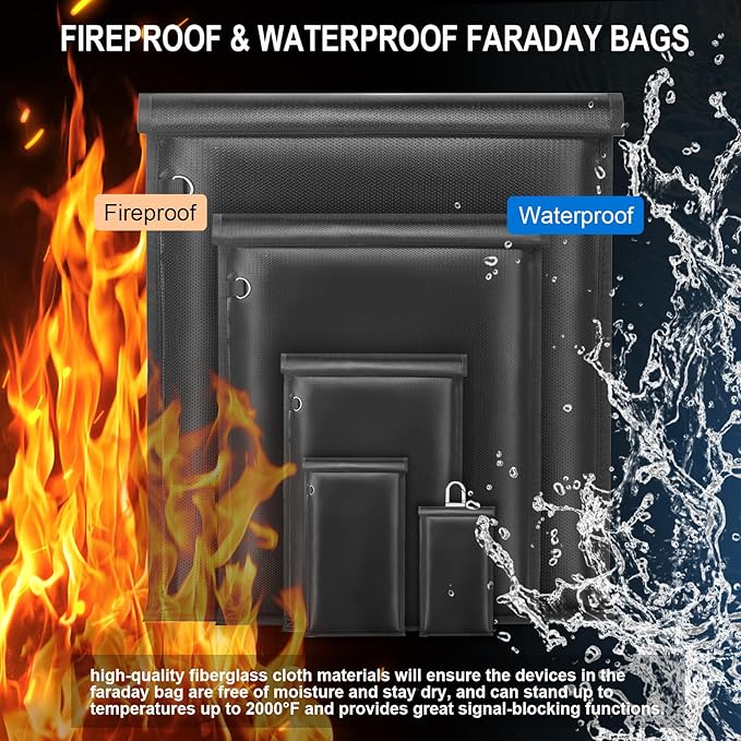 5 Pack Faraday Bags- Large Faraday Cage, Anti-Tracking Faraday Bag for Laptops & Tablets & Phones & Car Keys, RFID Signal Blocker Faraday Pouch, Fireproof & Waterproof Faraday Key Fob Protector